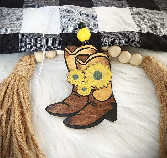 Distressed Cowboy Cowgirl Boots with Sunflower Wooden Mirror Charm